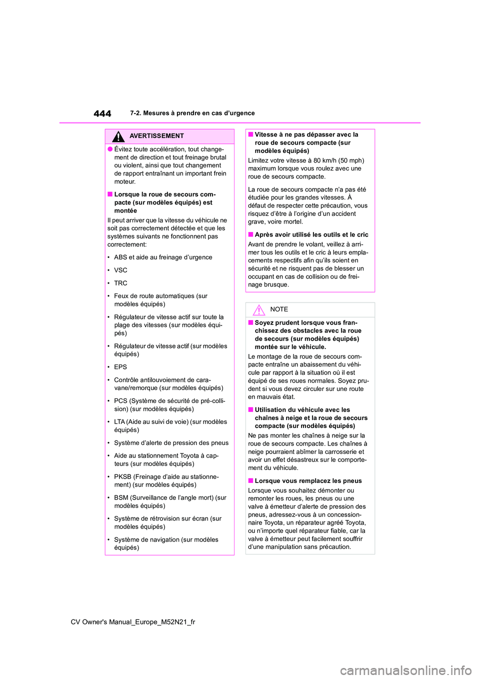 TOYOTA YARIS CROSS 2022  Manuel du propriétaire (in French) 444
CV Owner's Manual_Europe_M52N21_fr
7-2. Mesures à prendre en cas d’urgence
AVERTISSEMENT
●Évitez toute accélération, tout change- 
ment de direction et tout freinage brutal  ou violent