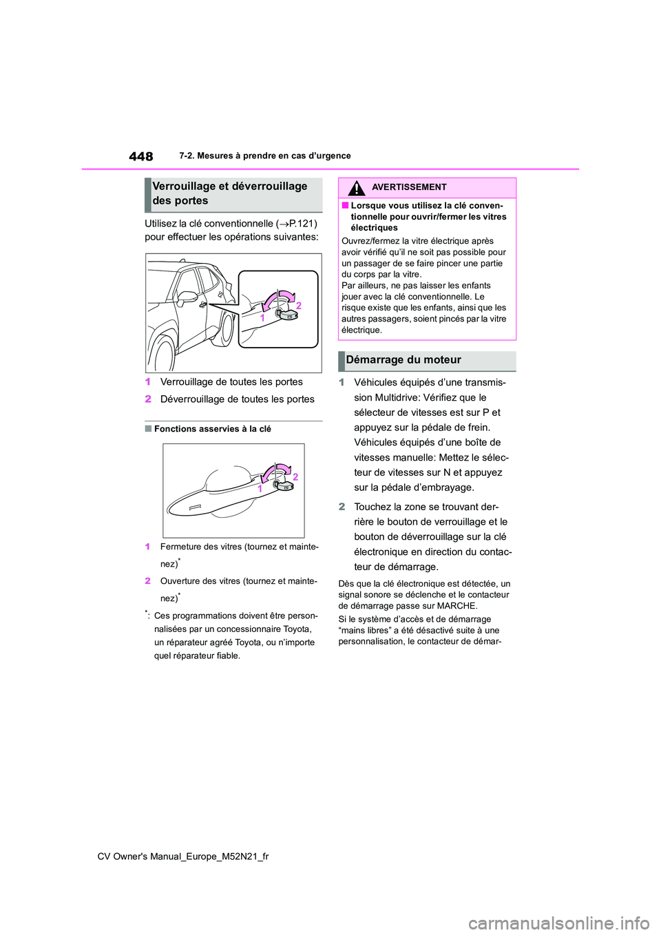 TOYOTA YARIS CROSS 2022  Manuel du propriétaire (in French) 448
CV Owner's Manual_Europe_M52N21_fr
7-2. Mesures à prendre en cas d’urgence
Utilisez la clé conventionnelle (P.121)  
pour effectuer les opérations suivantes: 
1 Verrouillage de toutes 