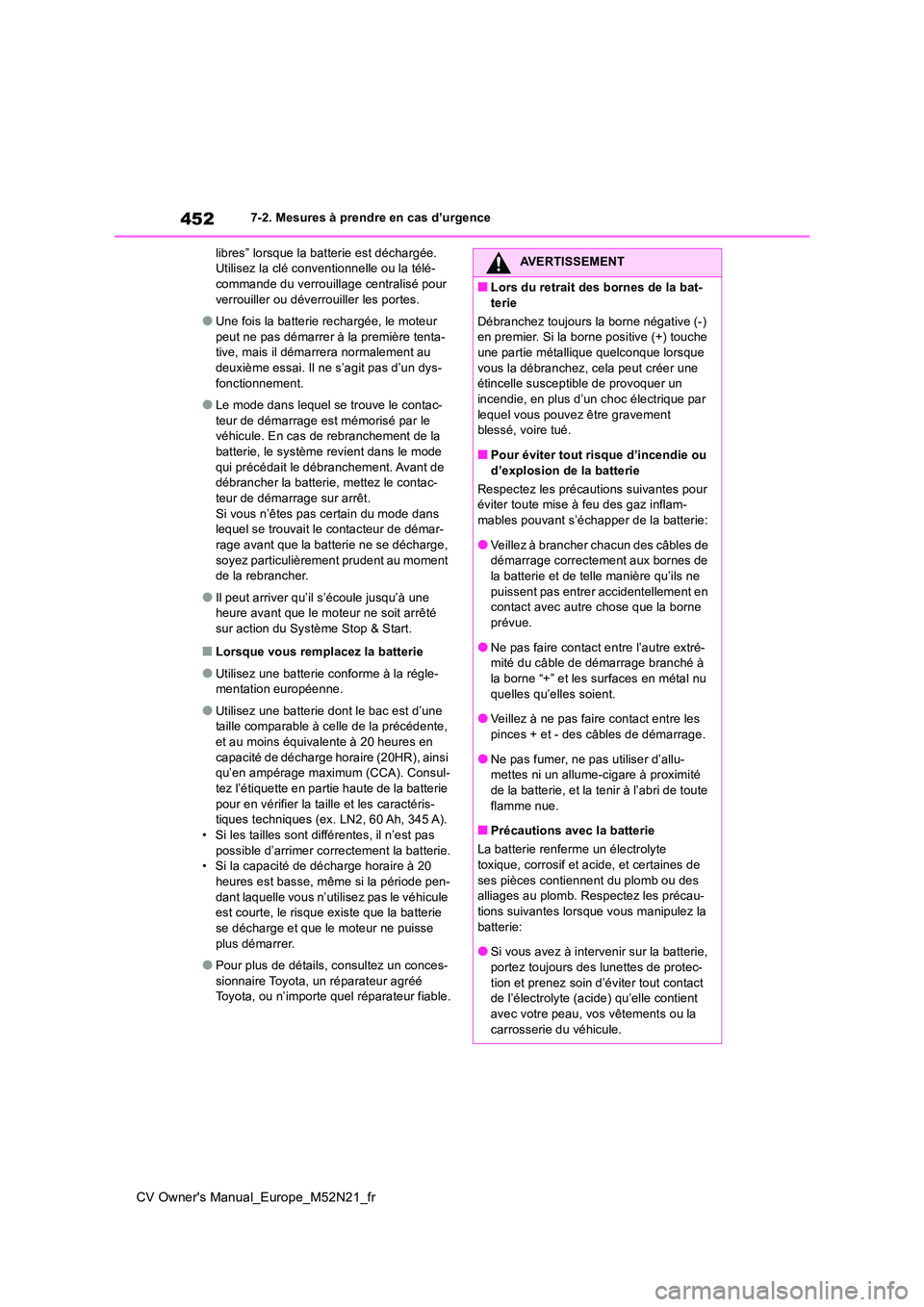 TOYOTA YARIS CROSS 2022  Manuel du propriétaire (in French) 452
CV Owner's Manual_Europe_M52N21_fr
7-2. Mesures à prendre en cas d’urgence 
libres” lorsque la batterie est déchargée.  Utilisez la clé conventionnelle ou la télé-commande du verroui