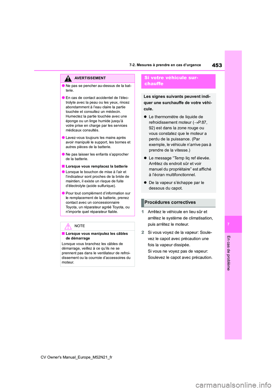 TOYOTA YARIS CROSS 2022  Manuel du propriétaire (in French) 453
7
CV Owner's Manual_Europe_M52N21_fr
7-2. Mesures à prendre en cas d’urgence
En cas de problème
1Arrêtez le véhicule en lieu sûr et  
arrêtez le système de climatisation,  
puis arrê