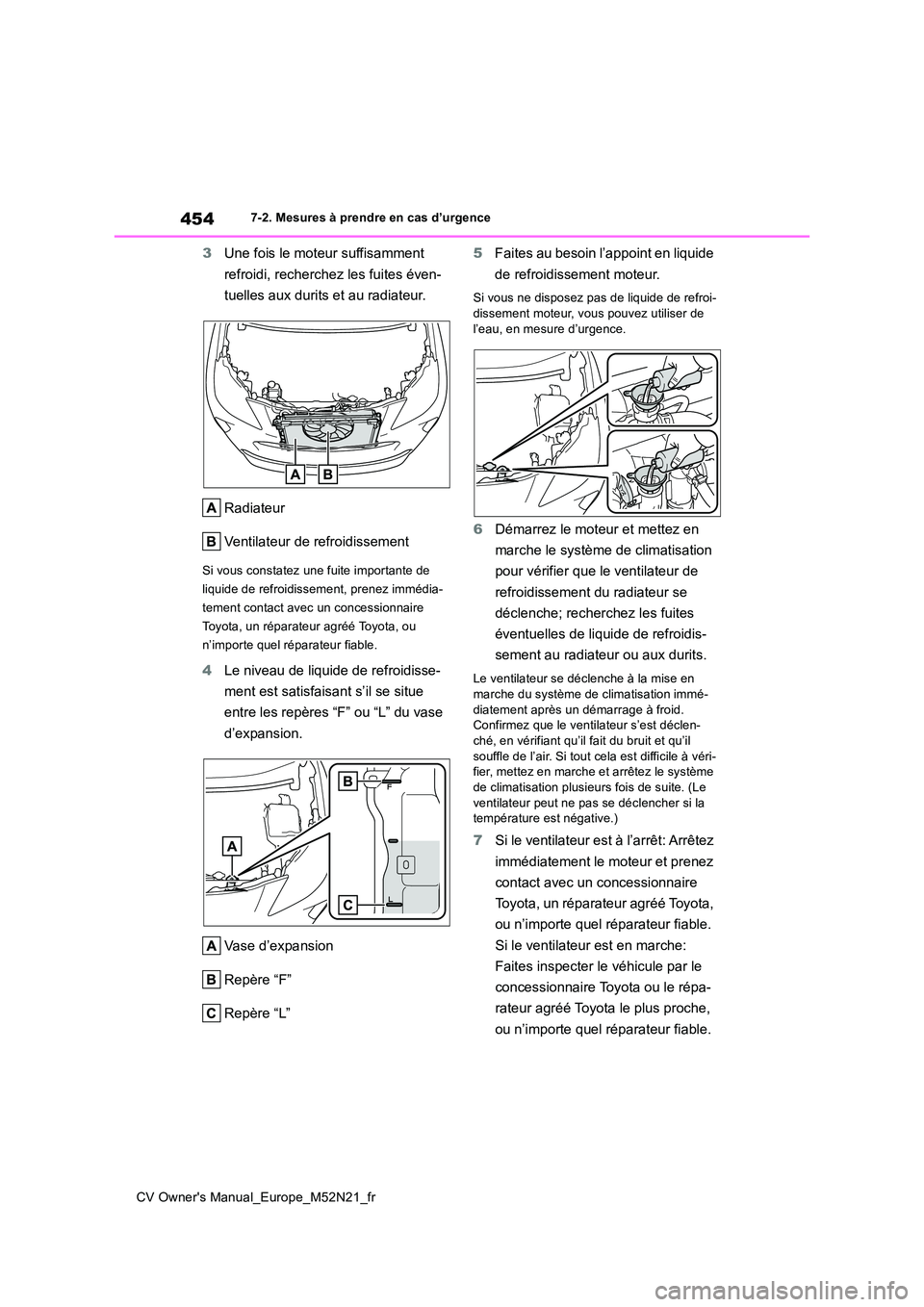 TOYOTA YARIS CROSS 2022  Manuel du propriétaire (in French) 454
CV Owner's Manual_Europe_M52N21_fr
7-2. Mesures à prendre en cas d’urgence
3Une fois le moteur suffisamment  
refroidi, recherchez les fuites éven- 
tuelles aux durits et au radiateur. 
Ra