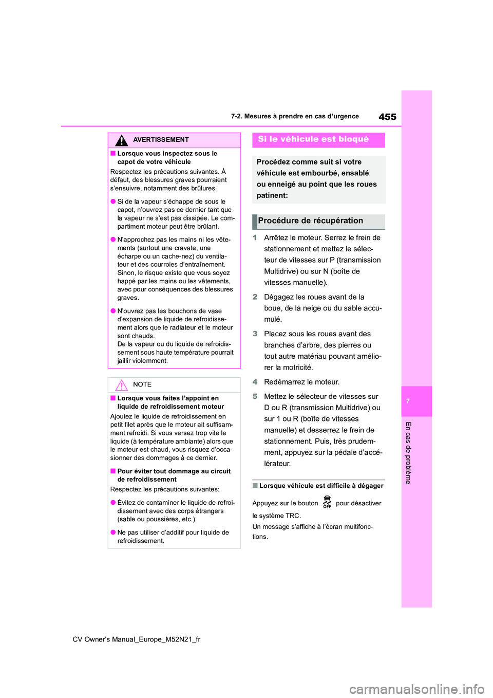 TOYOTA YARIS CROSS 2022  Manuel du propriétaire (in French) 455
7
CV Owner's Manual_Europe_M52N21_fr
7-2. Mesures à prendre en cas d’urgence
En cas de problème
1Arrêtez le moteur. Serrez le frein de  
stationnement et mettez le sélec- 
teur de vitess