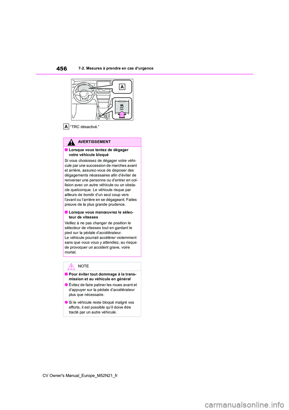 TOYOTA YARIS CROSS 2022  Manuel du propriétaire (in French) 456
CV Owner's Manual_Europe_M52N21_fr
7-2. Mesures à prendre en cas d’urgence 
“TRC désactivé.”
AVERTISSEMENT
■Lorsque vous tentez de dégager  
votre véhicule bloqué 
Si vous choisi