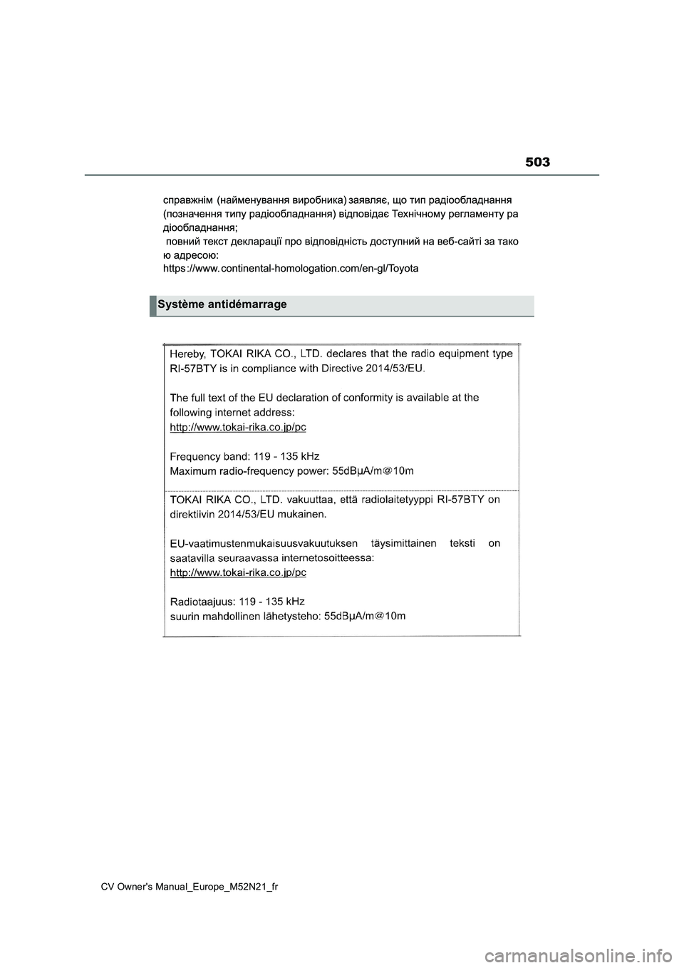TOYOTA YARIS CROSS 2022  Manuel du propriétaire (in French) 503
CV Owner's Manual_Europe_M52N21_fr
Système antidémarrage 