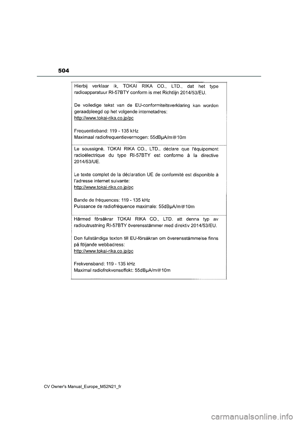 TOYOTA YARIS CROSS 2022  Manuel du propriétaire (in French) 504
CV Owner's Manual_Europe_M52N21_fr 
