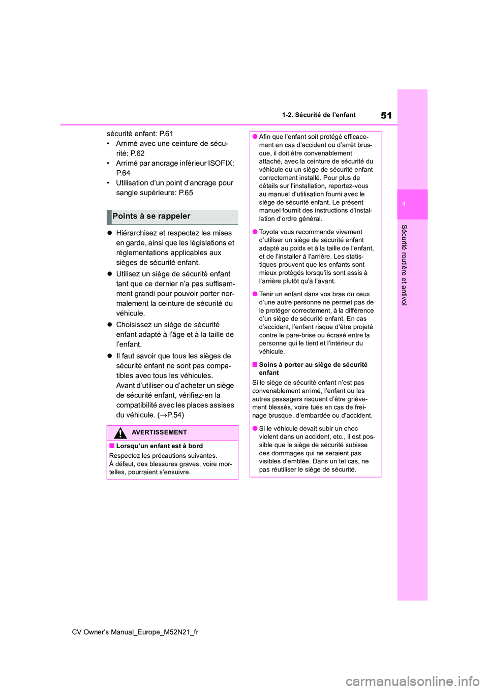 TOYOTA YARIS CROSS 2022 Manuel du propriétaire (in French) 51
1
CV Owner's Manual_Europe_M52N21_fr
1-2. Sécurité de l’enfant
Sécurité routière et antivol
sécurité enfant: P.61
• Arrimé avec une ceinture de sécu-
rité: P.62
• Arrimé par a TOYOTA YARIS CROSS 2022 Manuel du propriétaire (in French) 51
1
CV Owner's Manual_Europe_M52N21_fr
1-2. Sécurité de l’enfant
Sécurité routière et antivol
sécurité enfant: P.61
• Arrimé avec une ceinture de sécu-
rité: P.62
• Arrimé par a