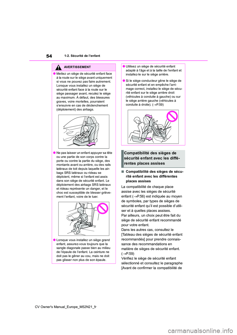 TOYOTA YARIS CROSS 2022 Manuel du propriétaire (in French) 54
CV Owner's Manual_Europe_M52N21_fr
1-2. Sécurité de l’enfant
■Compatibilité des sièges de sécu-
rité enfant avec les différentes
places assises
La compatibilité de chaque place TOYOTA YARIS CROSS 2022 Manuel du propriétaire (in French) 54
CV Owner's Manual_Europe_M52N21_fr
1-2. Sécurité de l’enfant
■Compatibilité des sièges de sécu-
rité enfant avec les différentes
places assises
La compatibilité de chaque place