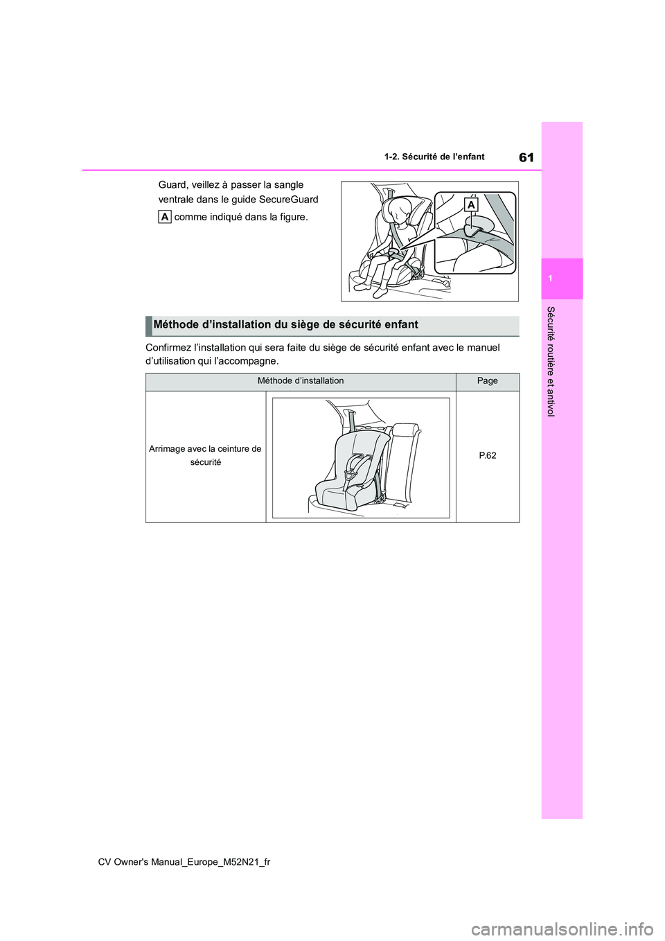 TOYOTA YARIS CROSS 2022 Manuel du propriétaire (in French) 61
1
CV Owner's Manual_Europe_M52N21_fr
1-2. Sécurité de l’enfant
Sécurité routière et antivol
Guard, veillez à passer la sangle
ventrale dans le guide SecureGuard
comme indiqué dans TOYOTA YARIS CROSS 2022 Manuel du propriétaire (in French) 61
1
CV Owner's Manual_Europe_M52N21_fr
1-2. Sécurité de l’enfant
Sécurité routière et antivol
Guard, veillez à passer la sangle
ventrale dans le guide SecureGuard
comme indiqué dans