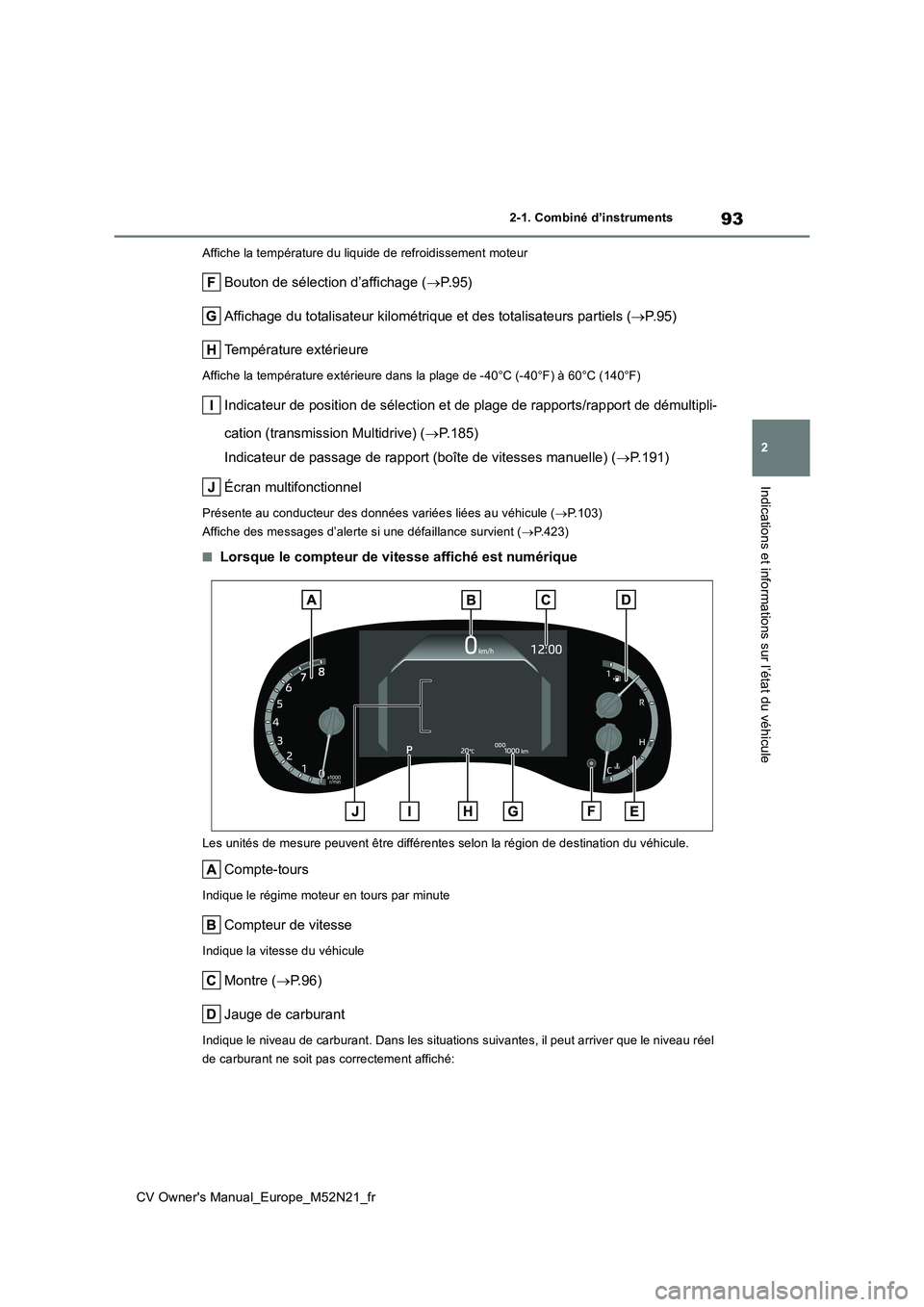 TOYOTA YARIS CROSS 2022 Manuel du propriétaire (in French) 93
2
CV Owner's Manual_Europe_M52N21_fr
2-1. Combiné d’instruments
Indications et informations sur l’état du véhicule
Affiche la température du liquide de refroidissement moteur
Bouton de TOYOTA YARIS CROSS 2022 Manuel du propriétaire (in French) 93
2
CV Owner's Manual_Europe_M52N21_fr
2-1. Combiné d’instruments
Indications et informations sur l’état du véhicule
Affiche la température du liquide de refroidissement moteur
Bouton de