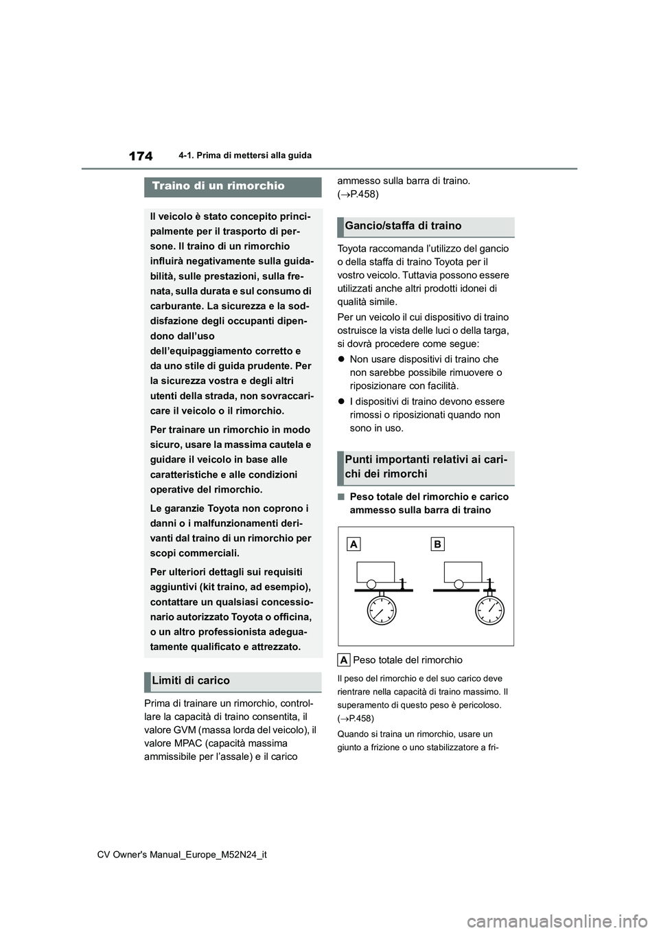 TOYOTA YARIS CROSS 2022  Manuale duso (in Italian) 174
CV Owner's Manual_Europe_M52N24_it
4-1. Prima di mettersi alla guida
Prima di trainare un rimorchio, control- 
lare la capacità di traino consentita, il 
valore GVM (massa lorda del veicolo),
