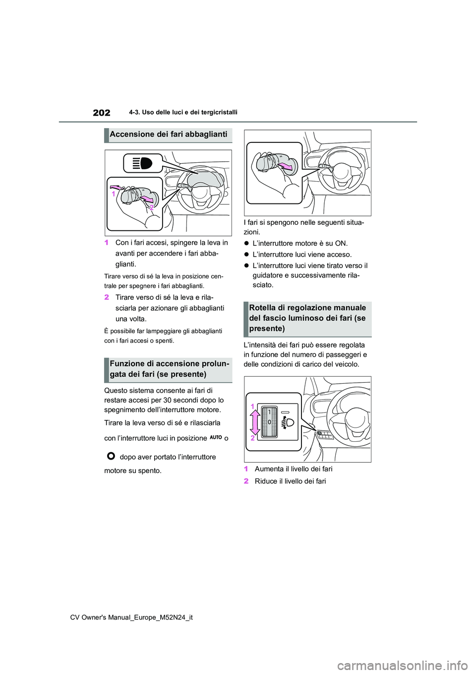 TOYOTA YARIS CROSS 2022  Manuale duso (in Italian) 202
CV Owner's Manual_Europe_M52N24_it
4-3. Uso delle luci e dei tergicristalli
1Con i fari accesi, spingere la leva in  
avanti per accendere i fari abba- 
glianti.
Tirare verso di sé la leva in