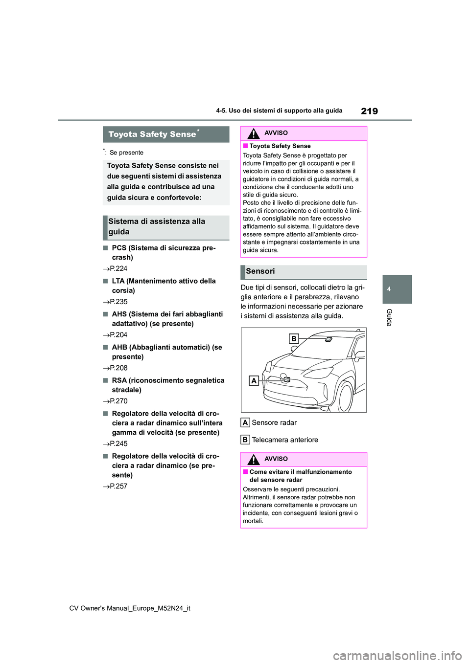 TOYOTA YARIS CROSS 2022 Manuale duso (in Italian) 219
4
CV Owner's Manual_Europe_M52N24_it
4-5. Uso dei sistemi di supporto alla guida
Guida
4-5.Uso dei sis te mi di su pporto alla gu ida
*: Se presente
■PCS (Sistema di sicurezza pre-
crash) TOYOTA YARIS CROSS 2022 Manuale duso (in Italian) 219
4
CV Owner's Manual_Europe_M52N24_it
4-5. Uso dei sistemi di supporto alla guida
Guida
4-5.Uso dei sis te mi di su pporto alla gu ida
*: Se presente
■PCS (Sistema di sicurezza pre-
crash)