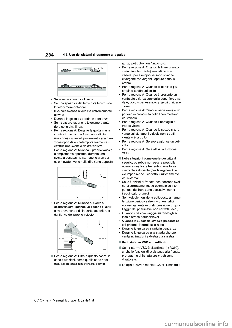 TOYOTA YARIS CROSS 2022 Manuale duso (in Italian) 234
CV Owner's Manual_Europe_M52N24_it
4-5. Uso dei sistemi di supporto alla guida
• Se le ruote sono disallineate • Se una spazzola del tergicristalli ostruisce la telecamera anteriore
• TOYOTA YARIS CROSS 2022 Manuale duso (in Italian) 234
CV Owner's Manual_Europe_M52N24_it
4-5. Uso dei sistemi di supporto alla guida
• Se le ruote sono disallineate • Se una spazzola del tergicristalli ostruisce la telecamera anteriore
•