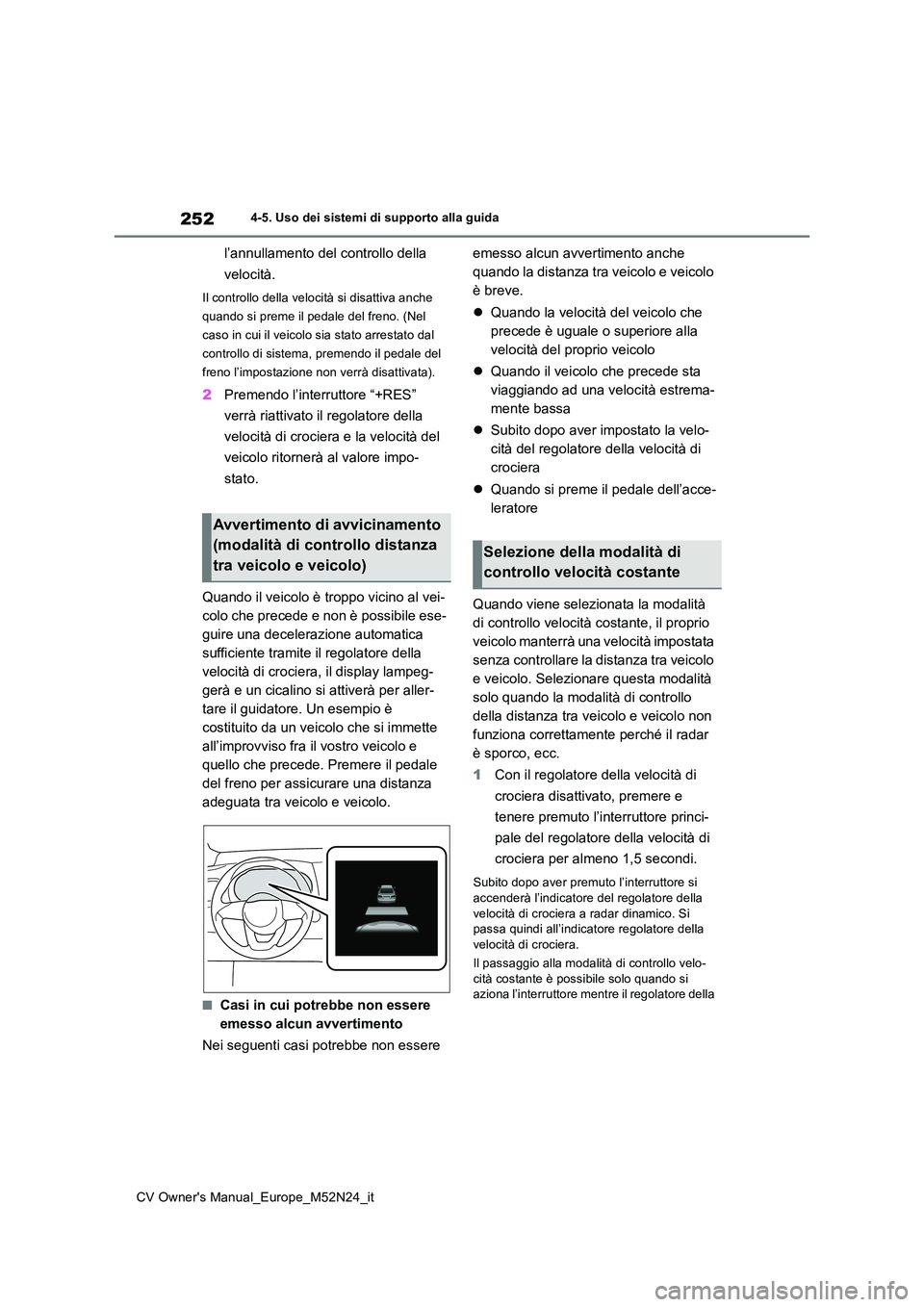 TOYOTA YARIS CROSS 2022  Manuale duso (in Italian) 252
CV Owner's Manual_Europe_M52N24_it
4-5. Uso dei sistemi di supporto alla guida
l’annullamento del controllo della  
velocità.
Il controllo della velocità si disattiva anche  
quando si pre