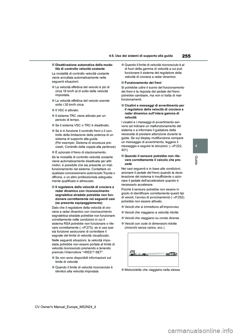 TOYOTA YARIS CROSS 2022  Manuale duso (in Italian) 255
4
CV Owner's Manual_Europe_M52N24_it
4-5. Uso dei sistemi di supporto alla guida
Guida
■Disattivazione automatica della moda- lità di controllo velocità costante 
La modalità di controllo