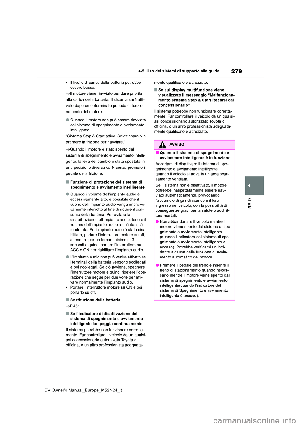 TOYOTA YARIS CROSS 2022 Manuale duso (in Italian) 279
4
CV Owner's Manual_Europe_M52N24_it
4-5. Uso dei sistemi di supporto alla guida
Guida
• Il livello di carica della batteria potrebbe essere basso.
Il motore viene riavviato per dare p TOYOTA YARIS CROSS 2022 Manuale duso (in Italian) 279
4
CV Owner's Manual_Europe_M52N24_it
4-5. Uso dei sistemi di supporto alla guida
Guida
• Il livello di carica della batteria potrebbe essere basso.
Il motore viene riavviato per dare p