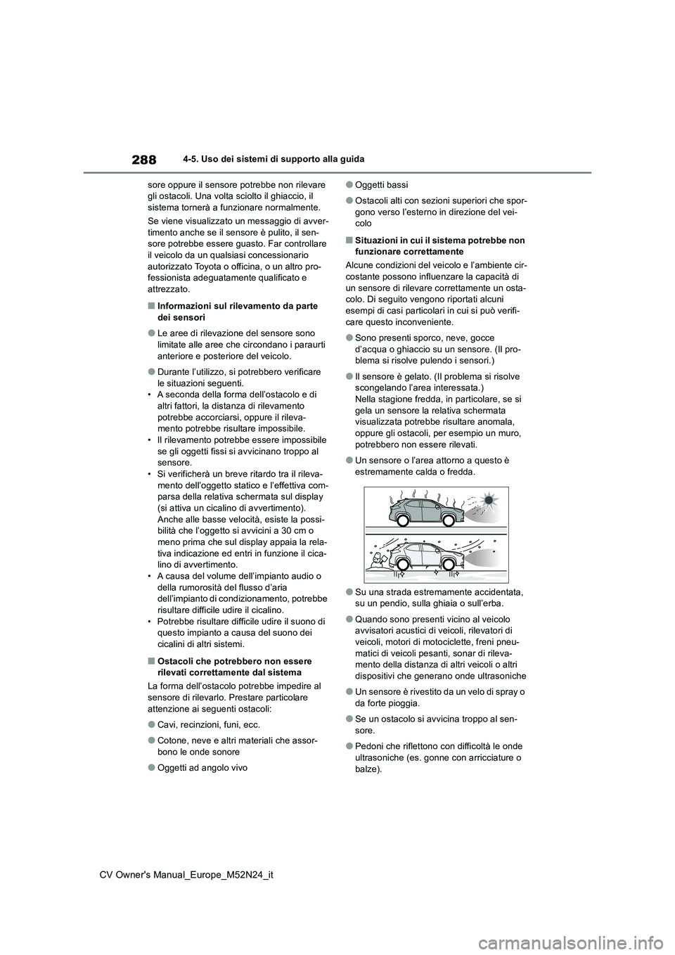 TOYOTA YARIS CROSS 2022 Manuale duso (in Italian) 288
CV Owner's Manual_Europe_M52N24_it
4-5. Uso dei sistemi di supporto alla guida
sore oppure il sensore potrebbe non rilevare gli ostacoli. Una volta sciolto il ghiaccio, il sistema tornerà a TOYOTA YARIS CROSS 2022 Manuale duso (in Italian) 288
CV Owner's Manual_Europe_M52N24_it
4-5. Uso dei sistemi di supporto alla guida
sore oppure il sensore potrebbe non rilevare gli ostacoli. Una volta sciolto il ghiaccio, il sistema tornerà a