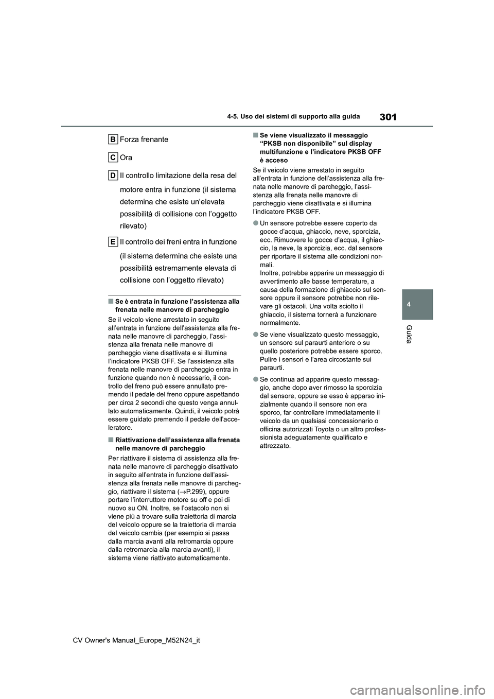 TOYOTA YARIS CROSS 2022  Manuale duso (in Italian) 301
4
CV Owner's Manual_Europe_M52N24_it
4-5. Uso dei sistemi di supporto alla guida
Guida
Forza frenante 
Ora
Il controllo limitazione della resa del  
motore entra in funzione (il sistema  
dete
