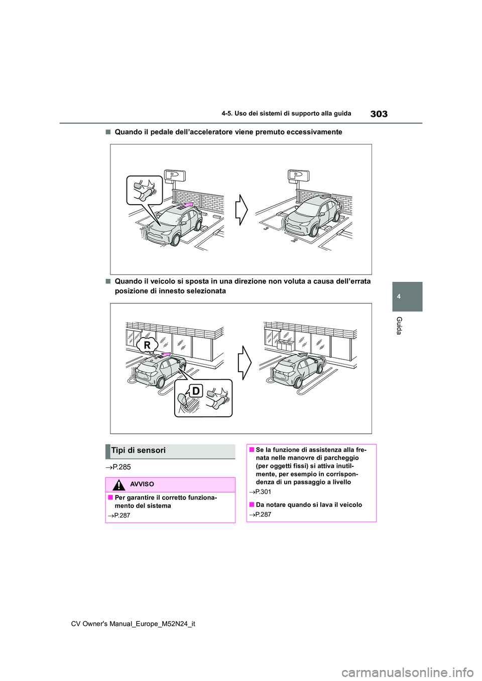 TOYOTA YARIS CROSS 2022  Manuale duso (in Italian) 303
4
CV Owner's Manual_Europe_M52N24_it
4-5. Uso dei sistemi di supporto alla guida
Guida
■Quando il pedale dell’acceleratore viene premuto eccessivamente
■Quando il veicolo si sposta in un
