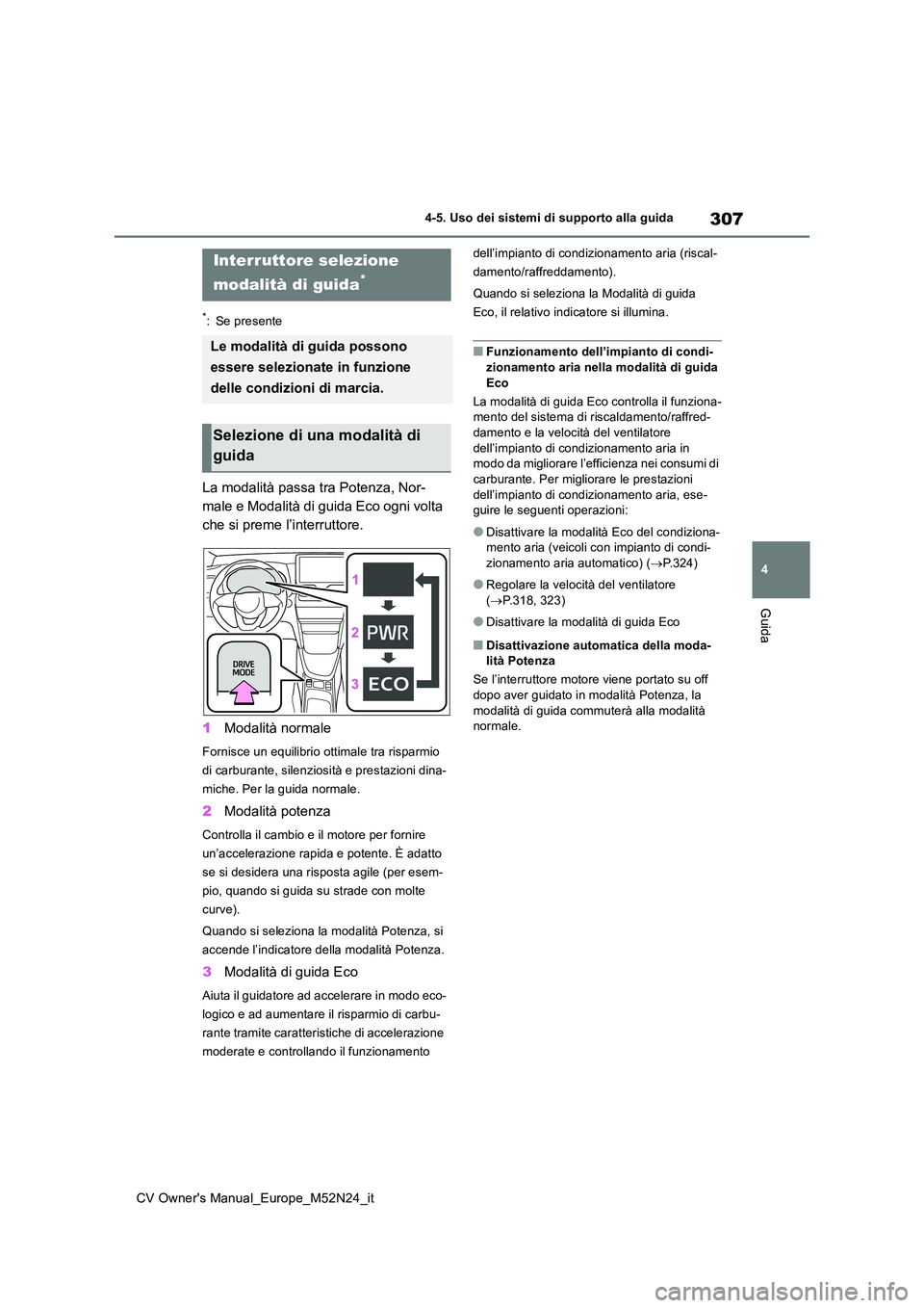 TOYOTA YARIS CROSS 2022  Manuale duso (in Italian) 307
4
CV Owner's Manual_Europe_M52N24_it
4-5. Uso dei sistemi di supporto alla guida
Guida
*: Se presente
La modalità passa tra Potenza, Nor- 
male e Modalità di guida Eco ogni volta 
che si pre