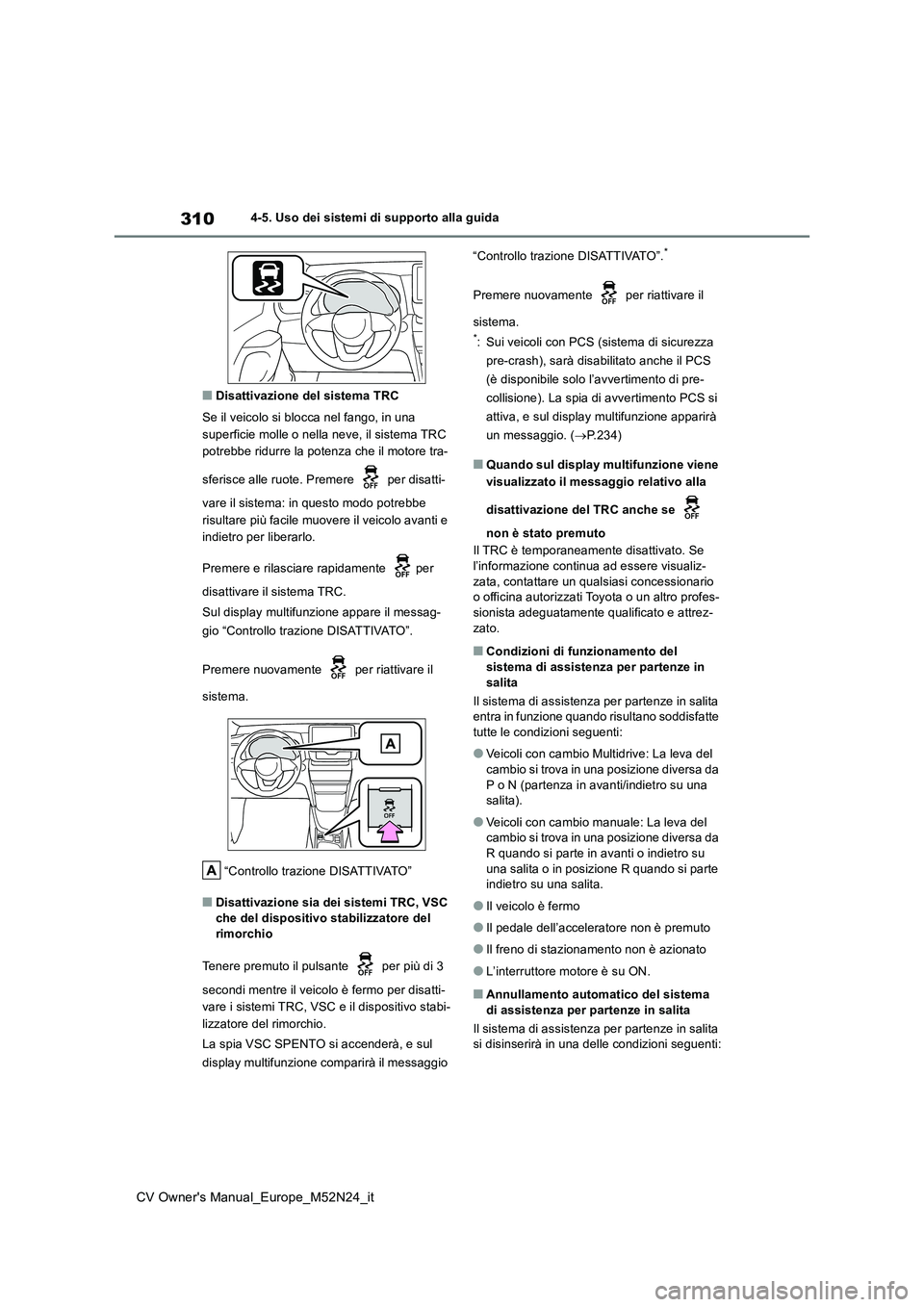 TOYOTA YARIS CROSS 2022  Manuale duso (in Italian) 310
CV Owner's Manual_Europe_M52N24_it
4-5. Uso dei sistemi di supporto alla guida
■Disattivazione del sistema TRC 
Se il veicolo si blocca nel fango, in una  
superficie molle o nella neve, il 