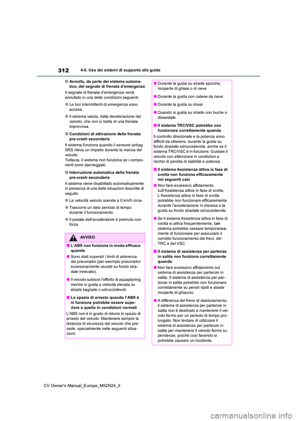 TOYOTA YARIS CROSS 2022  Manuale duso (in Italian) 312
CV Owner's Manual_Europe_M52N24_it
4-5. Uso dei sistemi di supporto alla guida
■Annullo, da parte del sistema automa- tico, del segnale di frenata d’emergenza 
Il segnale di frenata d’em