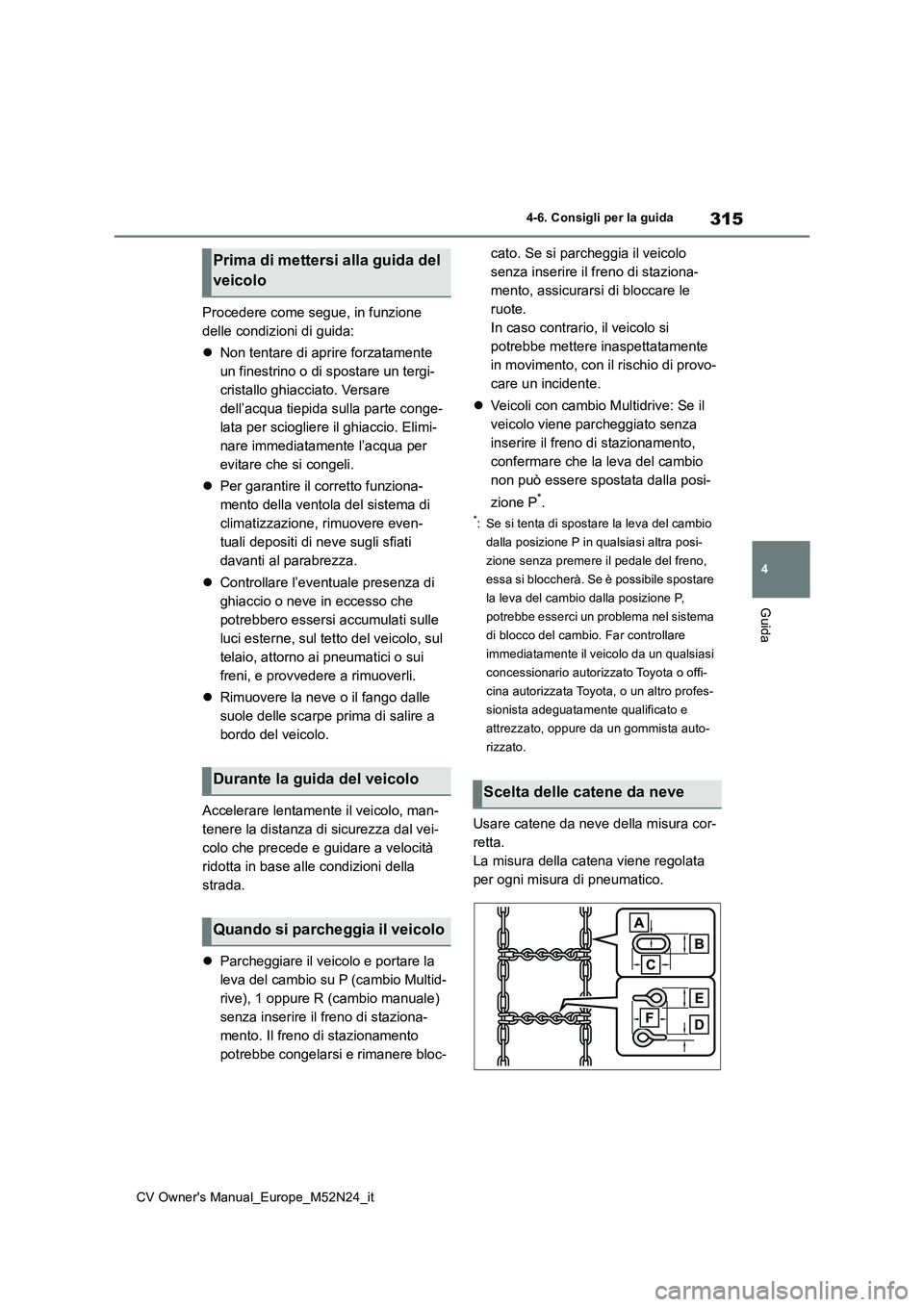 TOYOTA YARIS CROSS 2022  Manuale duso (in Italian) 315
4
CV Owner's Manual_Europe_M52N24_it
4-6. Consigli per la guida
Guida
Procedere come segue, in funzione  
delle condizioni di guida: 
 Non tentare di aprire forzatamente  
un finestrino o d