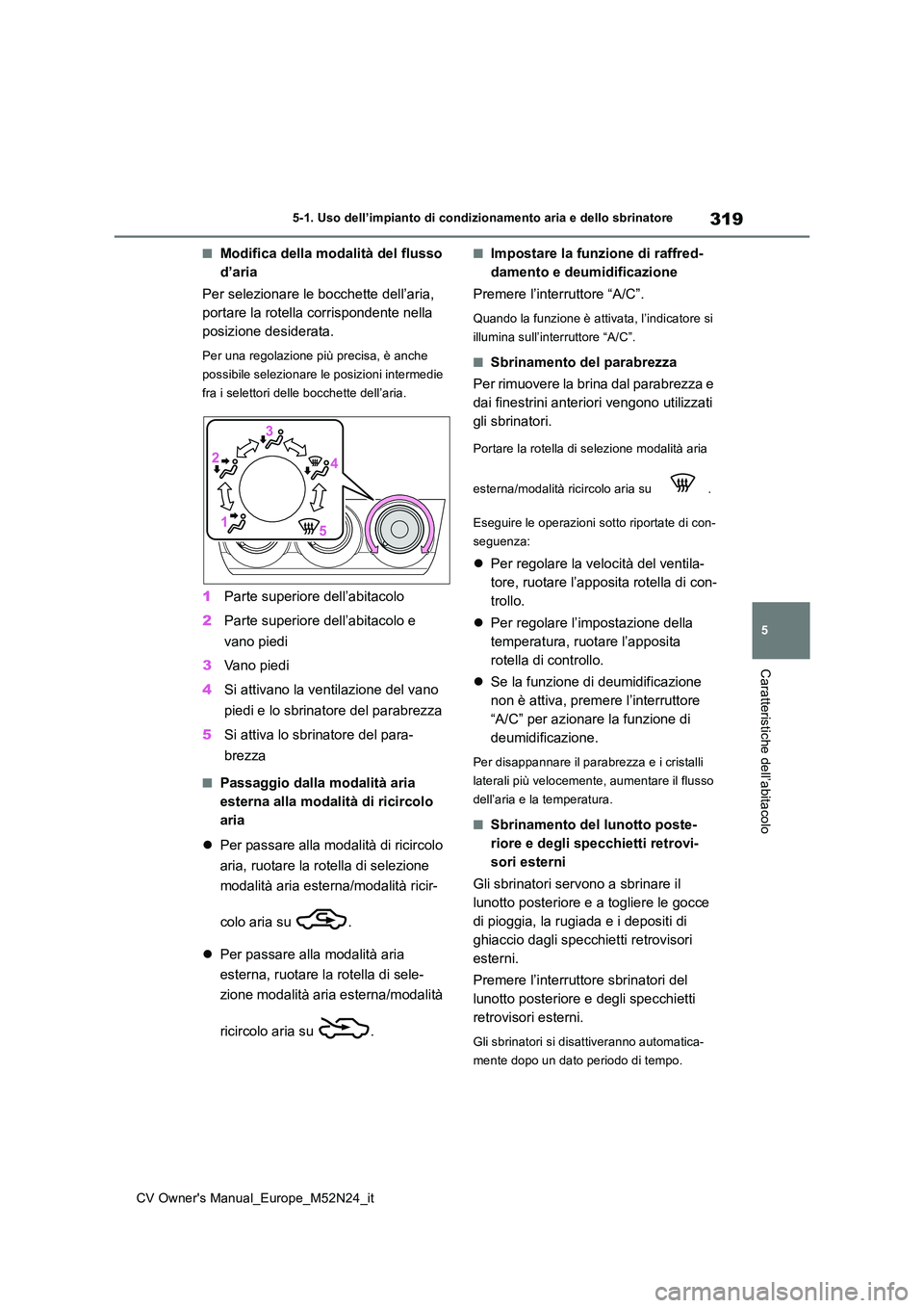 TOYOTA YARIS CROSS 2022  Manuale duso (in Italian) 319
5
CV Owner's Manual_Europe_M52N24_it
5-1. Uso dell’impianto di condizionamento aria e dello sbrinatore
Caratteristiche dell’abitacolo
■Modifica della modalità del flusso  
d’aria 
Per