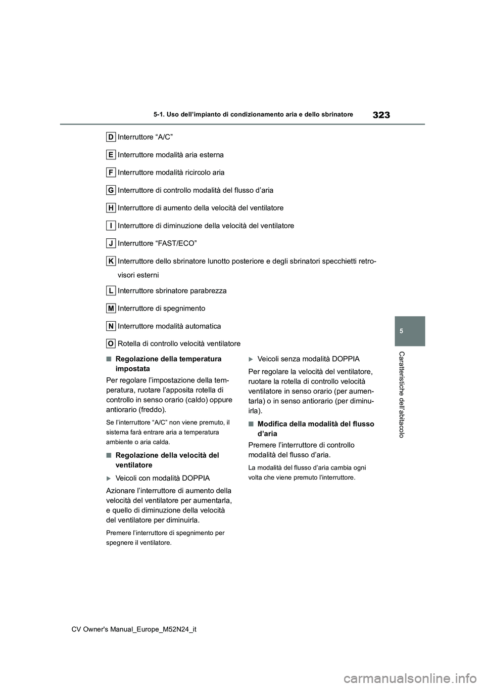 TOYOTA YARIS CROSS 2022  Manuale duso (in Italian) 323
5
CV Owner's Manual_Europe_M52N24_it
5-1. Uso dell’impianto di condizionamento aria e dello sbrinatore
Caratteristiche dell’abitacolo
Interruttore “A/C” 
Interruttore modalità aria es