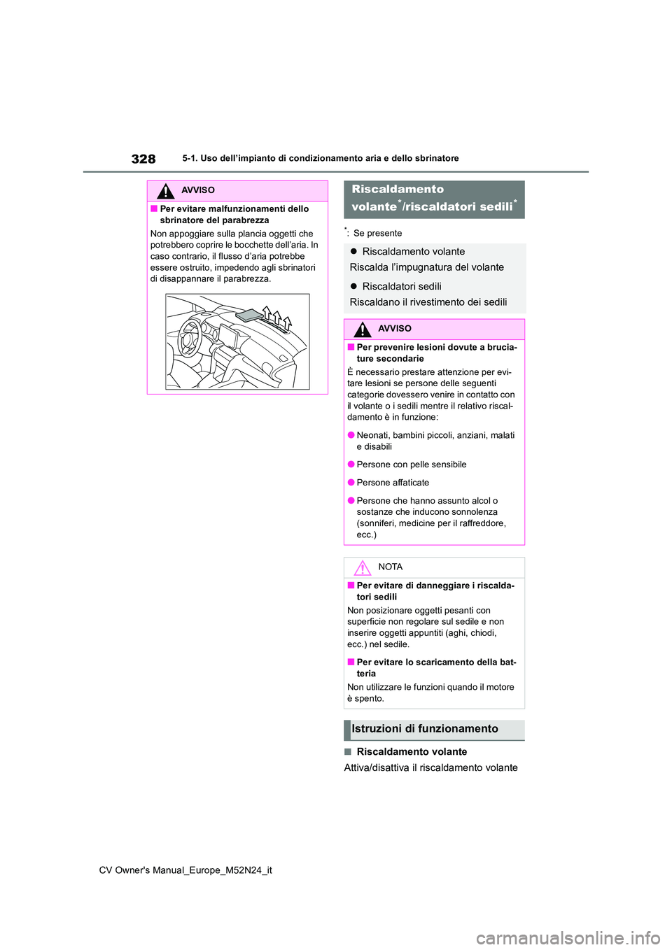TOYOTA YARIS CROSS 2022  Manuale duso (in Italian) 328
CV Owner's Manual_Europe_M52N24_it
5-1. Uso dell’impianto di condizionamento aria e dello sbrinatore
*: Se presente
■Riscaldamento volante 
Attiva/disattiva il riscaldamento volante
AVVISO
