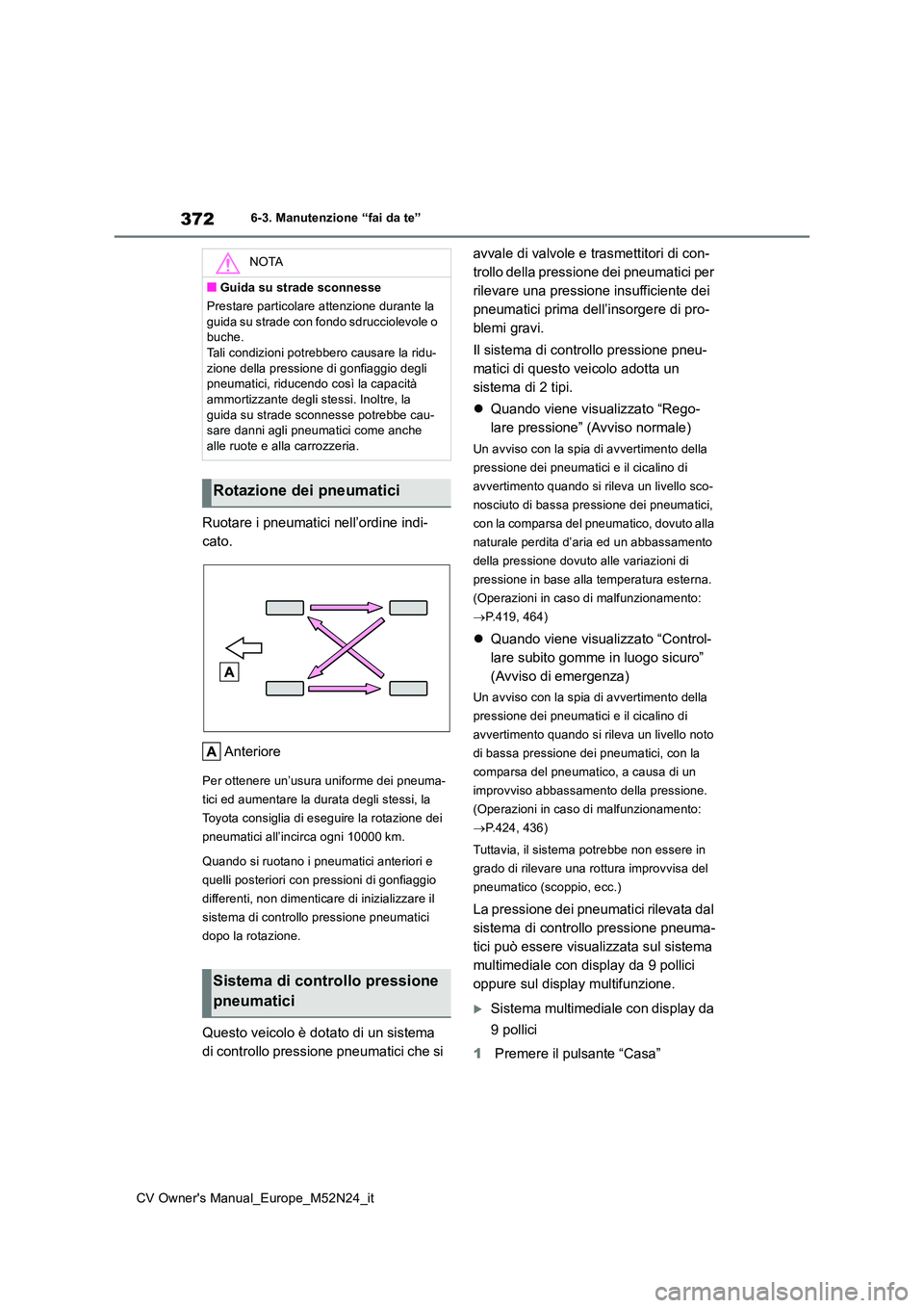 TOYOTA YARIS CROSS 2022  Manuale duso (in Italian) 372
CV Owner's Manual_Europe_M52N24_it
6-3. Manutenzione “fai da te”
Ruotare i pneumatici nell’ordine indi- 
cato. 
Anteriore
Per ottenere un’usura uniforme dei pneuma- 
tici ed aumentare 