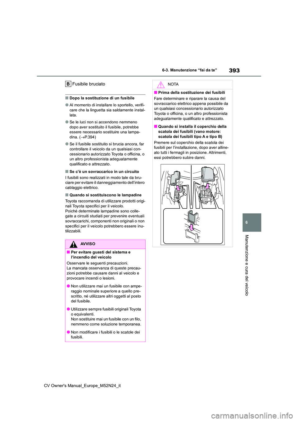 TOYOTA YARIS CROSS 2022  Manuale duso (in Italian) 393
6
CV Owner's Manual_Europe_M52N24_it
6-3. Manutenzione “fai da te”
Manutenzione e cura del veicolo
Fusibile bruciato
■Dopo la sostituzione di un fusibile
●Al momento di installare lo s