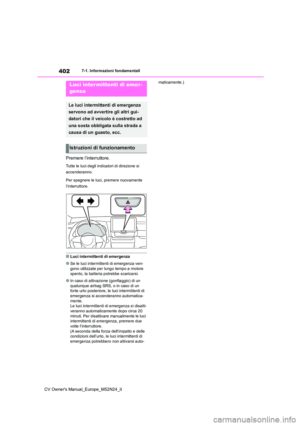 TOYOTA YARIS CROSS 2022  Manuale duso (in Italian) 402
CV Owner's Manual_Europe_M52N24_it
7-1. Informazioni fondamentali
7-1.In formazioni fond amentali
Premere l’interruttore.
Tutte le luci degli indicatori di direzione si  
accenderanno. 
Per 