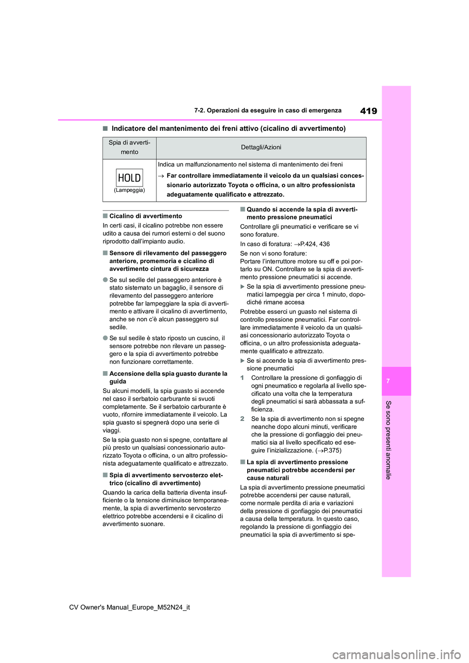 TOYOTA YARIS CROSS 2022  Manuale duso (in Italian) 419
7
CV Owner's Manual_Europe_M52N24_it
7-2. Operazioni da eseguire in caso di emergenza
Se sono presenti anomalie
■Indicatore del mantenimento dei freni attivo (cicalino di avvertimento)
■Ci