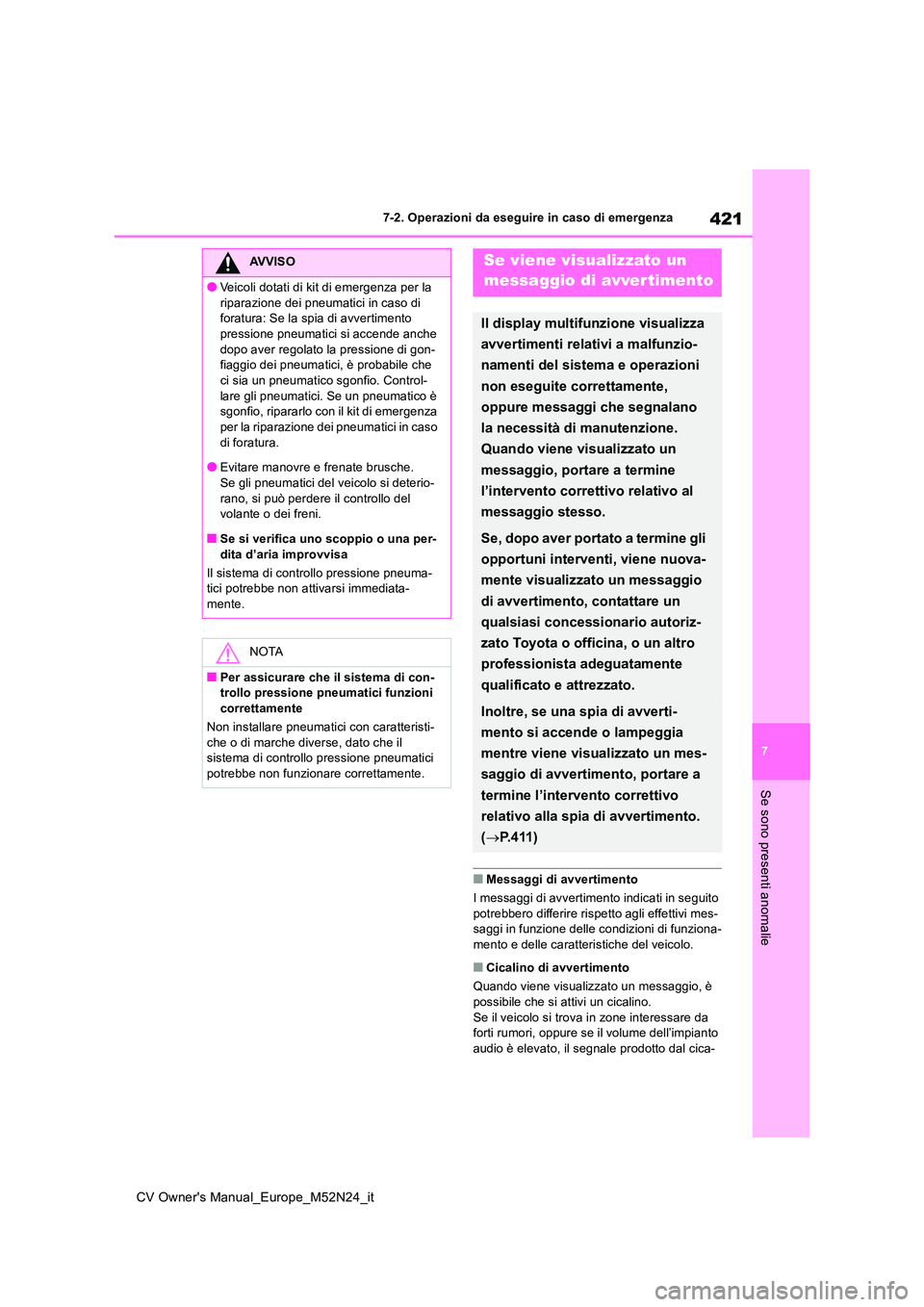 TOYOTA YARIS CROSS 2022  Manuale duso (in Italian) 421
7
CV Owner's Manual_Europe_M52N24_it
7-2. Operazioni da eseguire in caso di emergenza
Se sono presenti anomalie
■Messaggi di avvertimento 
I messaggi di avvertimento indicati in seguito  
po