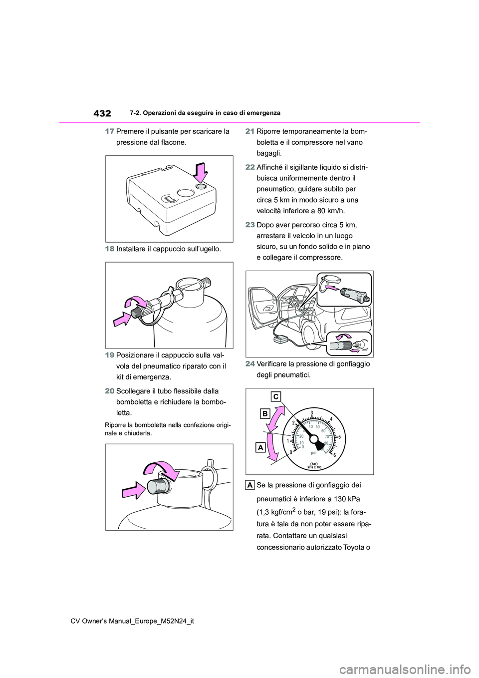 TOYOTA YARIS CROSS 2022  Manuale duso (in Italian) 432
CV Owner's Manual_Europe_M52N24_it
7-2. Operazioni da eseguire in caso di emergenza
17Premere il pulsante per scaricare la  
pressione dal flacone. 
18 Installare il cappuccio sull’ugello. 
