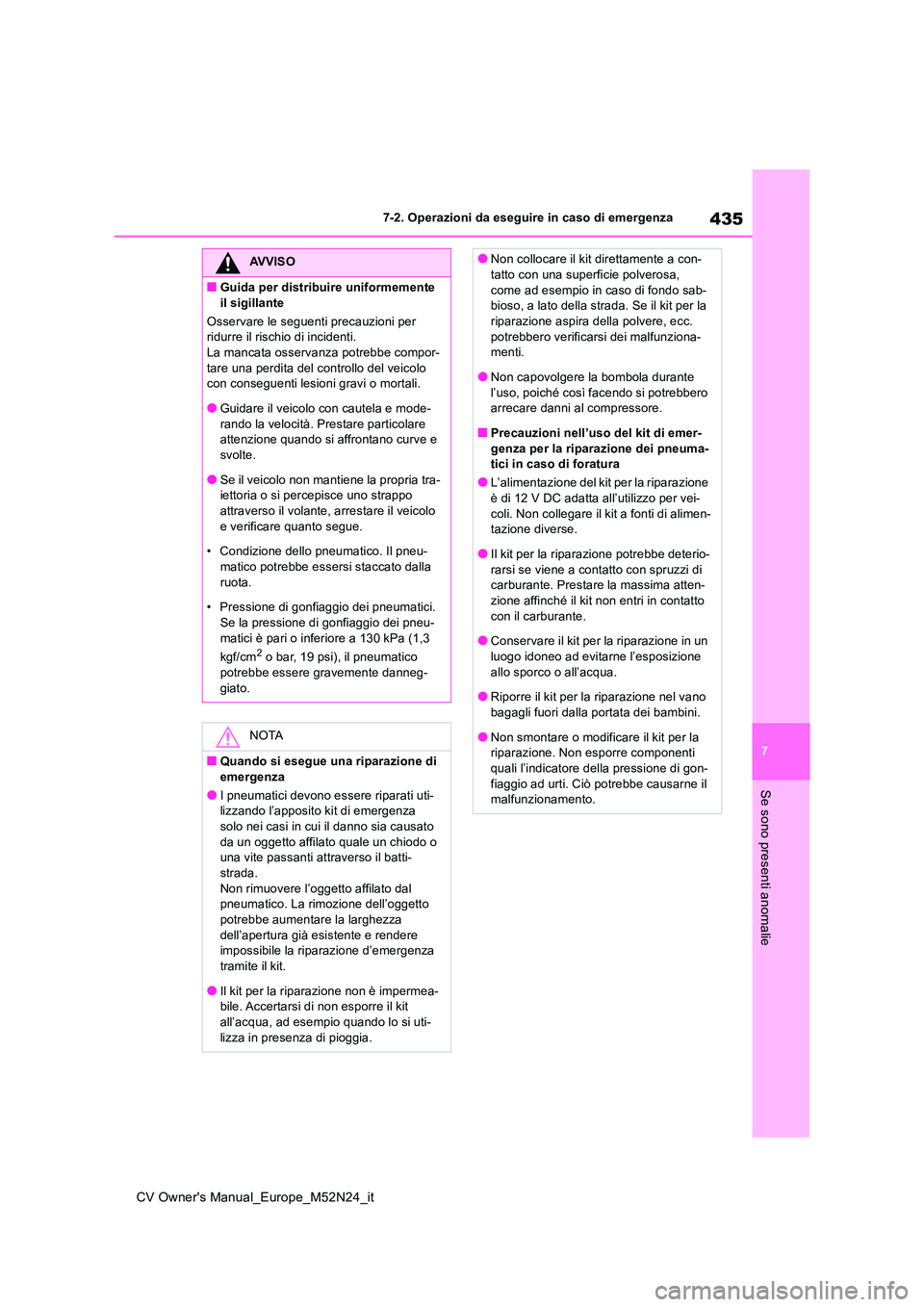 TOYOTA YARIS CROSS 2022  Manuale duso (in Italian) 435
7
CV Owner's Manual_Europe_M52N24_it
7-2. Operazioni da eseguire in caso di emergenza
Se sono presenti anomalie
AVVISO
■Guida per distribuire uniformemente  
il sigillante 
Osservare le segu