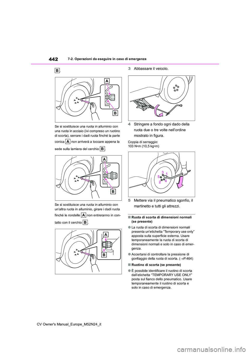 TOYOTA YARIS CROSS 2022  Manuale duso (in Italian) 442
CV Owner's Manual_Europe_M52N24_it
7-2. Operazioni da eseguire in caso di emergenza 
. 
Se si sostituisce una ruota in alluminio con  
una ruota in acciaio (ivi compreso un ruotino  
di scorta