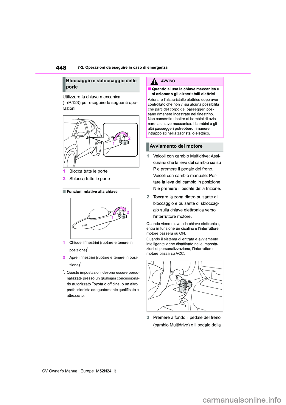 TOYOTA YARIS CROSS 2022  Manuale duso (in Italian) 448
CV Owner's Manual_Europe_M52N24_it
7-2. Operazioni da eseguire in caso di emergenza
Utilizzare la chiave meccanica  
( P.123) per eseguire le seguenti ope- 
razioni: 
1 Blocca tutte le port