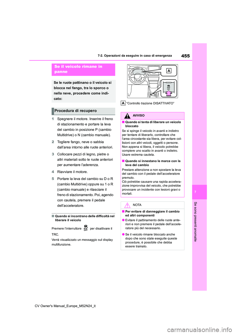 TOYOTA YARIS CROSS 2022  Manuale duso (in Italian) 455
7
CV Owner's Manual_Europe_M52N24_it
7-2. Operazioni da eseguire in caso di emergenza
Se sono presenti anomalie
1Spegnere il motore. Inserire il freno  
di stazionamento e portare la leva  
de