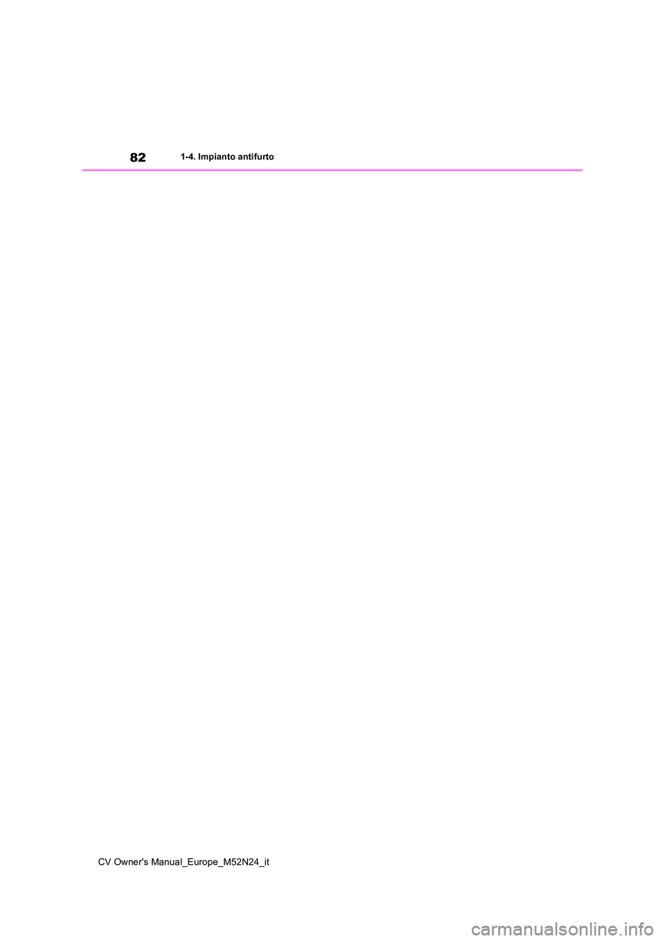 TOYOTA YARIS CROSS 2022 Manuale duso (in Italian) 82
CV Owner's Manual_Europe_M52N24_it
1-4. Impianto antifurto TOYOTA YARIS CROSS 2022 Manuale duso (in Italian) 82
CV Owner's Manual_Europe_M52N24_it
1-4. Impianto antifurto