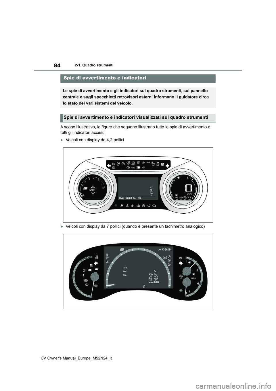 TOYOTA YARIS CROSS 2022 Manuale duso (in Italian) 84
CV Owner's Manual_Europe_M52N24_it
2-1. Quadro strumenti
2-1.Quadro strumenti
A scopo illustrativo, le figure che seguono illustrano tutte le spie di avvertimento e
tutti gli indicatori acces TOYOTA YARIS CROSS 2022 Manuale duso (in Italian) 84
CV Owner's Manual_Europe_M52N24_it
2-1. Quadro strumenti
2-1.Quadro strumenti
A scopo illustrativo, le figure che seguono illustrano tutte le spie di avvertimento e
tutti gli indicatori acces