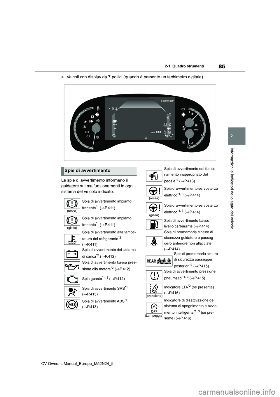 TOYOTA YARIS CROSS 2022 Manuale duso (in Italian) 85
2
CV Owner's Manual_Europe_M52N24_it
2-1. Quadro strumenti
Informazioni e indicatori dello stato del veicolo
Veicoli con display da 7 pollici (quando è presente un tachimetro digitale)
Le TOYOTA YARIS CROSS 2022 Manuale duso (in Italian) 85
2
CV Owner's Manual_Europe_M52N24_it
2-1. Quadro strumenti
Informazioni e indicatori dello stato del veicolo
Veicoli con display da 7 pollici (quando è presente un tachimetro digitale)
Le