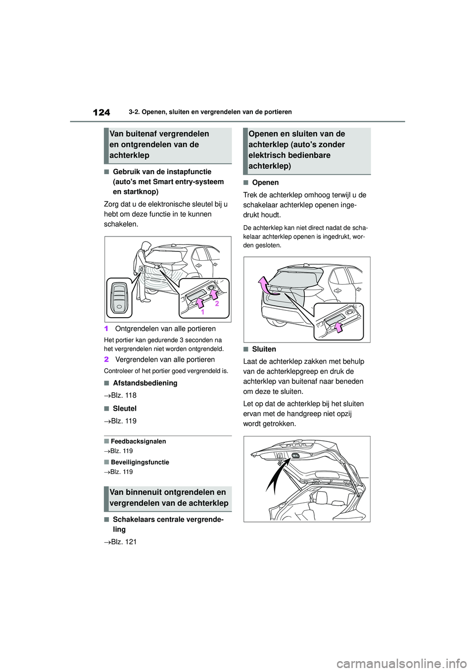 TOYOTA YARIS CROSS 2022 Instructieboekje (in Dutch) 124
Handleiding CV_Europa_M52N20_nl
3-2. Openen, sluiten en vergrendelen van de portieren
■Gebruik van de instapfunctie
(autos met Smart entry-systeem
en startknop)
Zorg dat u de elektronische sl TOYOTA YARIS CROSS 2022 Instructieboekje (in Dutch) 124
Handleiding CV_Europa_M52N20_nl
3-2. Openen, sluiten en vergrendelen van de portieren
■Gebruik van de instapfunctie
(autos met Smart entry-systeem
en startknop)
Zorg dat u de elektronische sl
