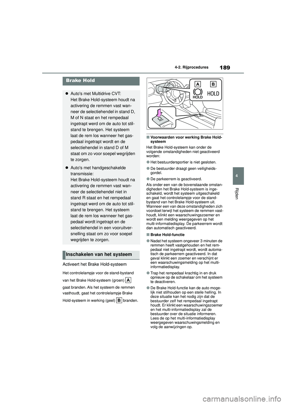 TOYOTA YARIS CROSS 2022  Instructieboekje (in Dutch) 189
4
Handleiding CV_Europa_M52N20_nl
4-2. Rijprocedures
Rijden
Activeert het Brake Hold-systeem
Het controlelampje voor de stand-bystand 
van het Brake Hold-systeem (groen)   
gaat branden. Als het s TOYOTA YARIS CROSS 2022  Instructieboekje (in Dutch) 189
4
Handleiding CV_Europa_M52N20_nl
4-2. Rijprocedures
Rijden
Activeert het Brake Hold-systeem
Het controlelampje voor de stand-bystand 
van het Brake Hold-systeem (groen)   
gaat branden. Als het s