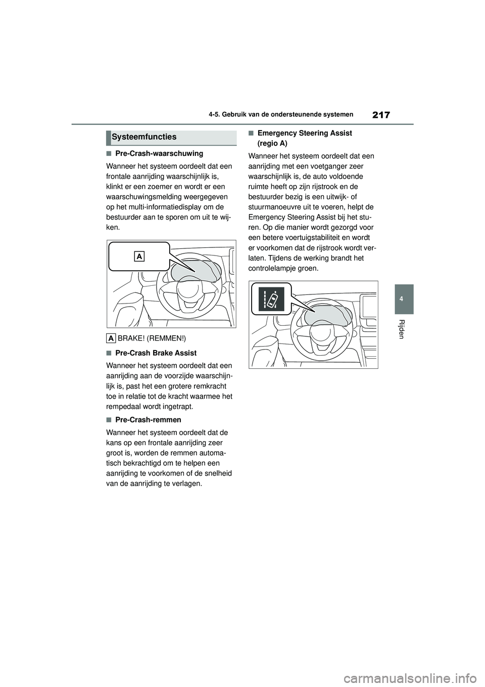 TOYOTA YARIS CROSS 2022  Instructieboekje (in Dutch) 217
4
Handleiding CV_Europa_M52N20_nl
4-5. Gebruik van de ondersteunende systemen
Rijden
■Pre-Crash-waarschuwing
Wanneer het systeem oordeelt dat een 
frontale aanrijding waarschijnlijk is, 
klinkt 
