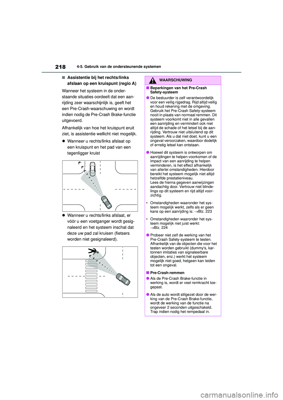 TOYOTA YARIS CROSS 2022  Instructieboekje (in Dutch) 218
Handleiding CV_Europa_M52N20_nl
4-5. Gebruik van de ondersteunende systemen
■Assistentie bij het rechts/links 
afslaan op een kruispunt (regio A)
Wanneer het systeem in de onder-
staande situati