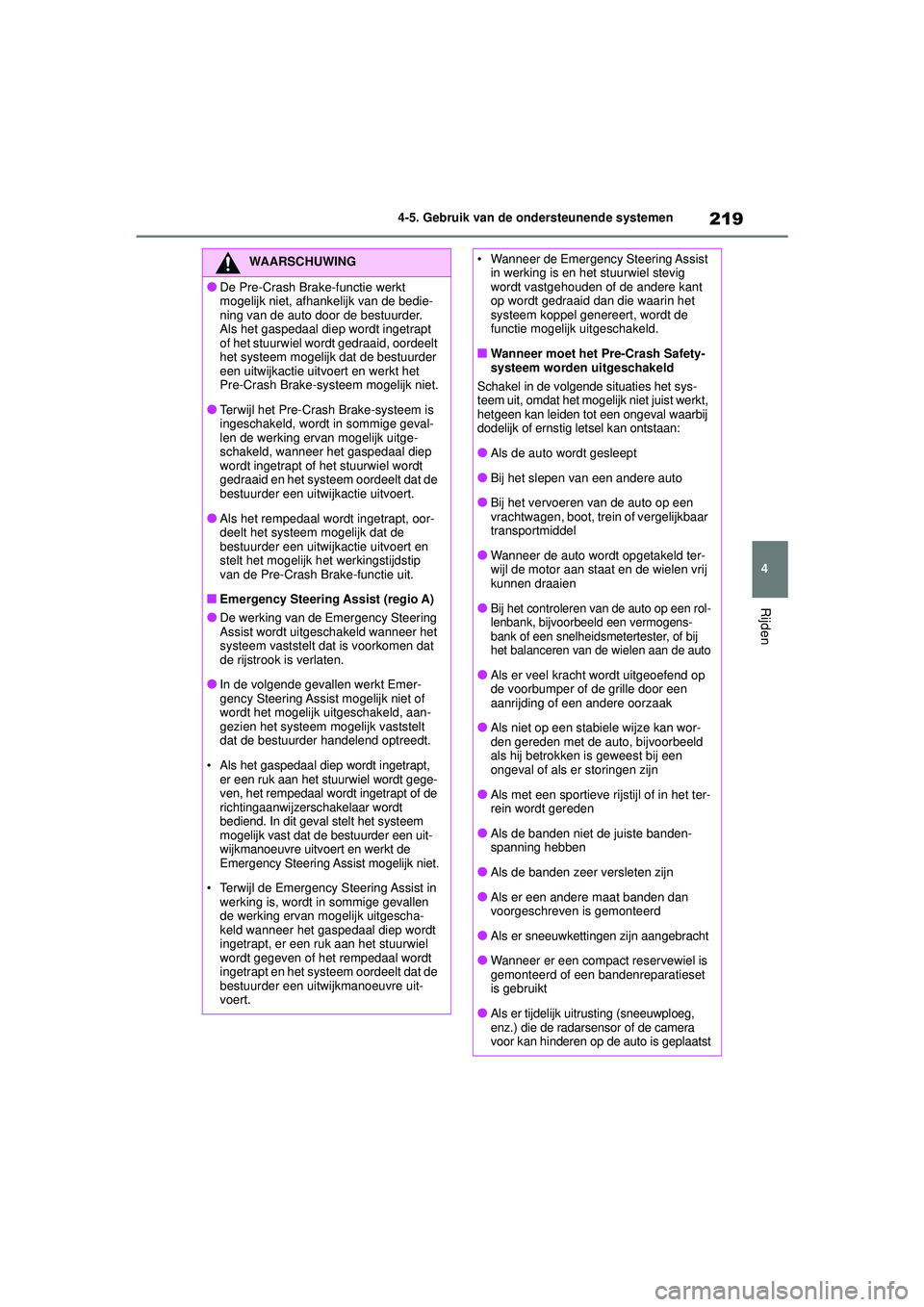TOYOTA YARIS CROSS 2022 Instructieboekje (in Dutch) 219
4
Handleiding CV_Europa_M52N20_nl
4-5. Gebruik van de ondersteunende systemen
Rijden
WAARSCHUWING
●De Pre-Crash Brake-functie werkt
mogelijk niet, afhankelijk van de bedie-
ning van de auto doo TOYOTA YARIS CROSS 2022 Instructieboekje (in Dutch) 219
4
Handleiding CV_Europa_M52N20_nl
4-5. Gebruik van de ondersteunende systemen
Rijden
WAARSCHUWING
●De Pre-Crash Brake-functie werkt
mogelijk niet, afhankelijk van de bedie-
ning van de auto doo