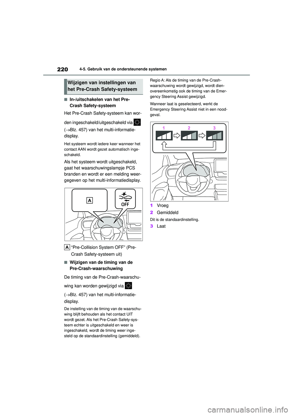 TOYOTA YARIS CROSS 2022  Instructieboekje (in Dutch) 220
Handleiding CV_Europa_M52N20_nl
4-5. Gebruik van de ondersteunende systemen
■In-/uitschakelen van het Pre-
Crash Safety-systeem
Het Pre-Crash Safety-systeem kan wor-
den ingeschakeld/uitgeschake