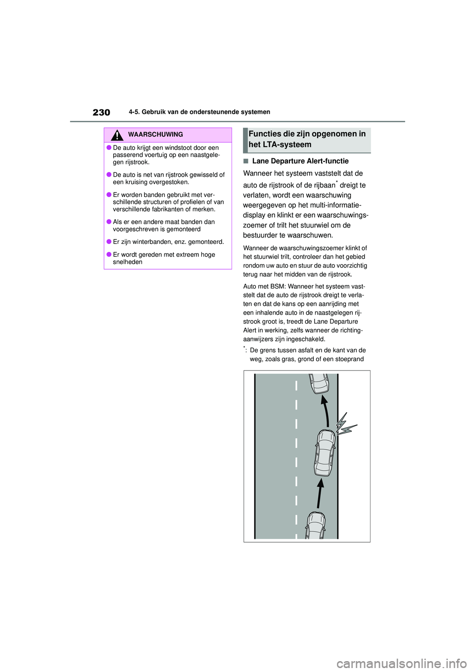 TOYOTA YARIS CROSS 2022  Instructieboekje (in Dutch) 230
Handleiding CV_Europa_M52N20_nl
4-5. Gebruik van de ondersteunende systemen
■Lane Departure Alert-functie
Wanneer het systeem vaststelt dat de 
auto de rijstrook of de rijbaan
* dreigt te 
verla TOYOTA YARIS CROSS 2022  Instructieboekje (in Dutch) 230
Handleiding CV_Europa_M52N20_nl
4-5. Gebruik van de ondersteunende systemen
■Lane Departure Alert-functie
Wanneer het systeem vaststelt dat de 
auto de rijstrook of de rijbaan
* dreigt te 
verla